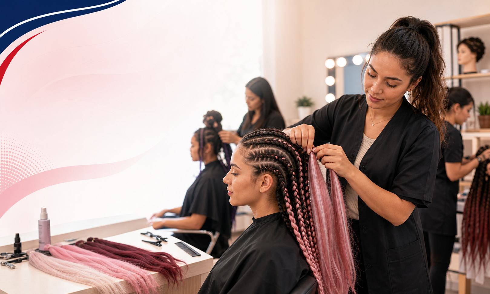 Estudiante practicando trenzas y kanekalon